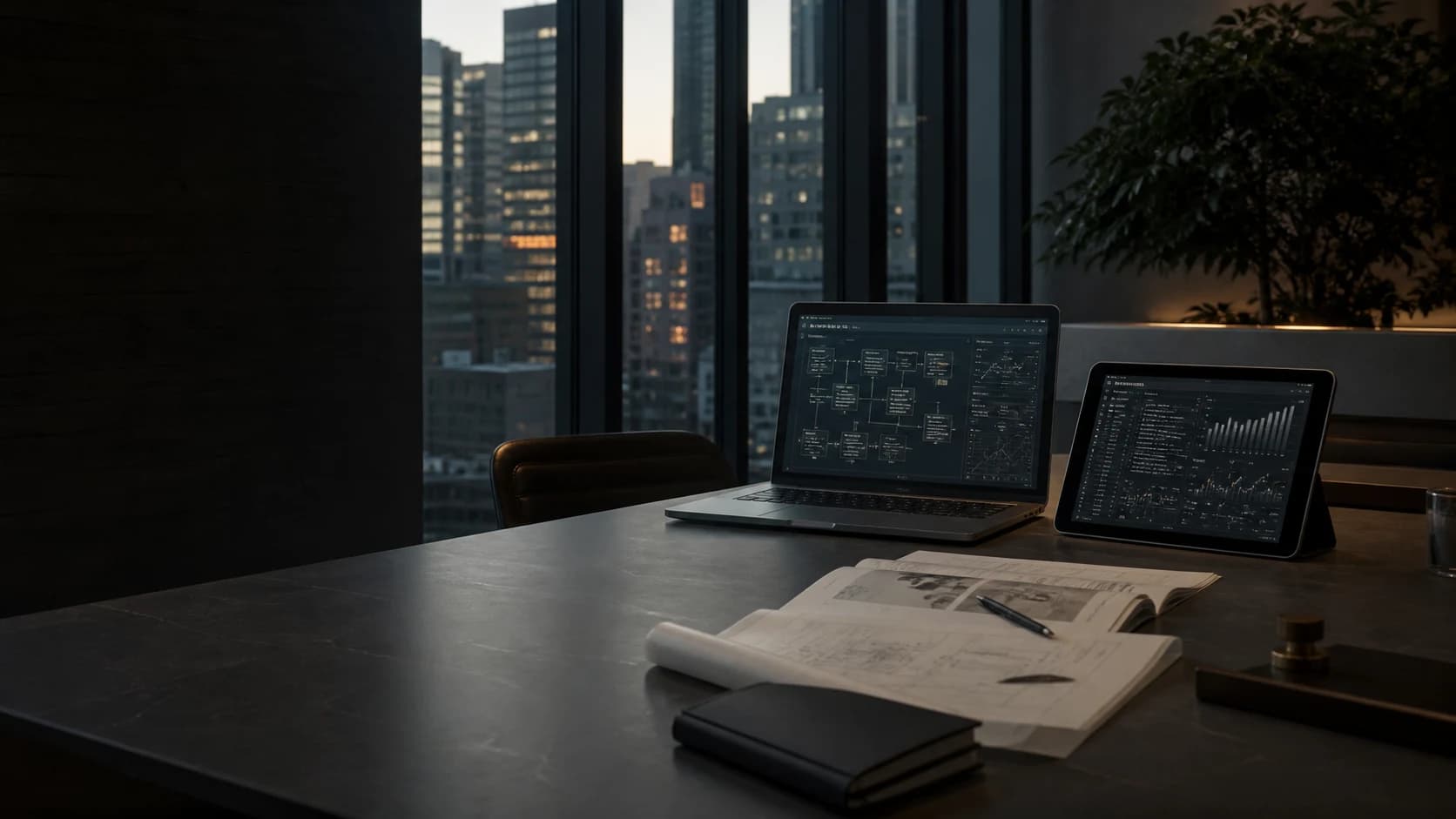 Technology and transaction strategy workspace overlooking Chicago